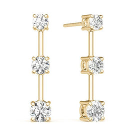 Round Three Stone Diamond Drop Earrings