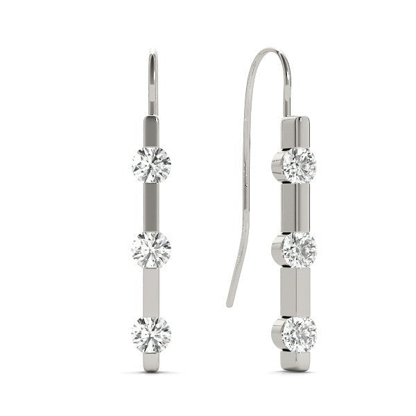 Round Three Stone Diamond Drop Earrings