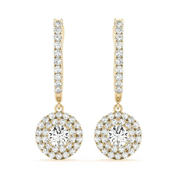 Round Double Halo Diamond Drop Earrings