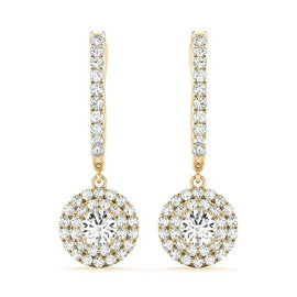 Round Double Halo Diamond Drop Earrings