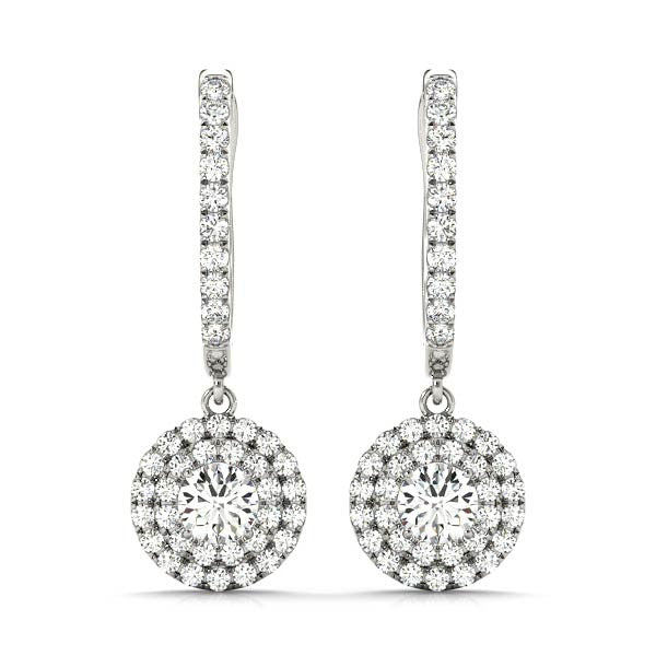 Round Double Halo Diamond Drop Earrings