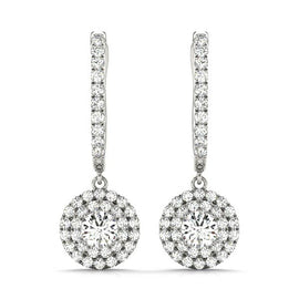 Round Double Halo Diamond Drop Earrings