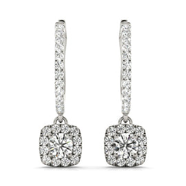 Round Halo Diamond Drop Earrings