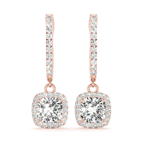 Cushion Halo Diamond Drop Earrings Rose Gold 0.94CT