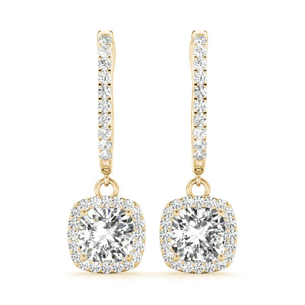 Cushion Halo Diamond Drop Earrings Yellow Gold 0.94CT