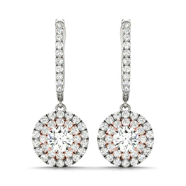 Round Double Halo Diamond Drop Earrings