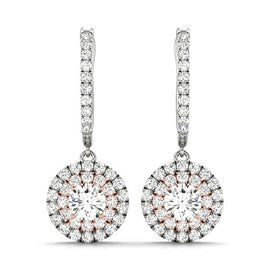 Round Double Halo Diamond Drop Earrings