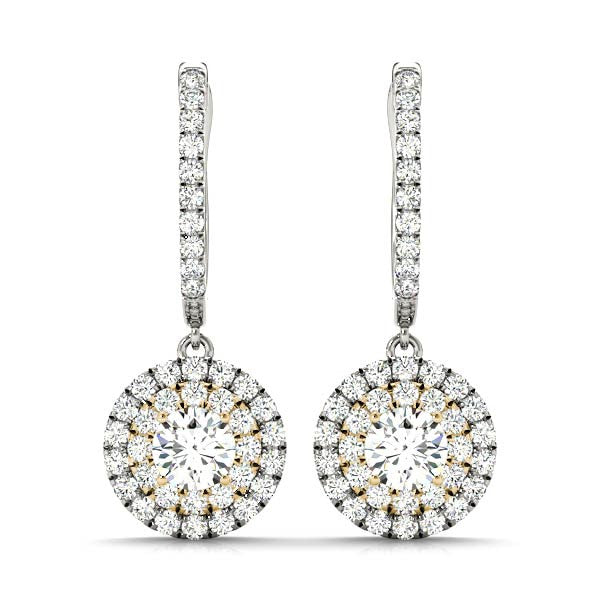 Round Double Halo Diamond Drop Earrings