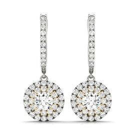 Round Double Halo Diamond Drop Earrings