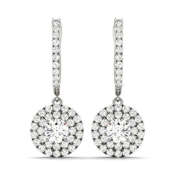 Round Double Halo Diamond Drop Earrings