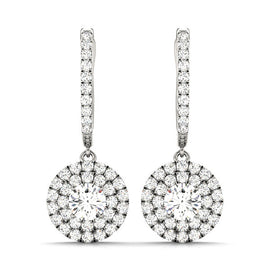 Round Double Halo Diamond Drop Earrings