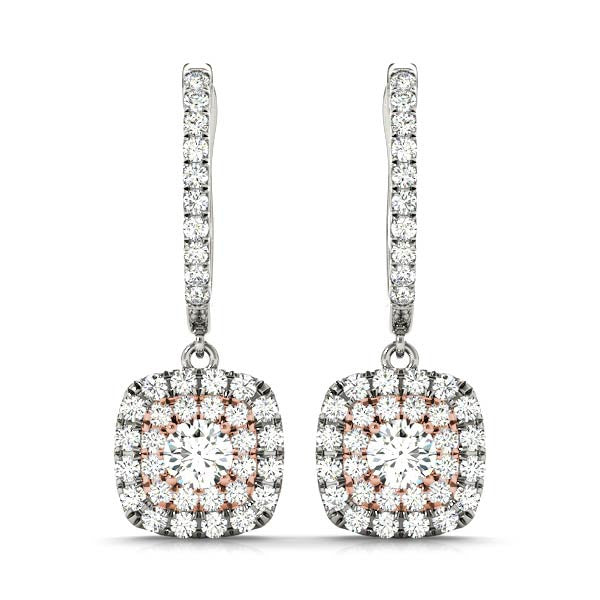 Round Double Halo Diamond Drop Earrings