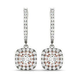 Round Double Halo Diamond Drop Earrings