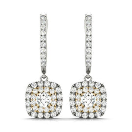 Round Double Halo Diamond Drop Earrings