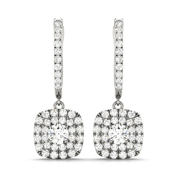 Round Double Halo Diamond Drop Earrings