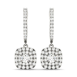 Round Double Halo Diamond Drop Earrings